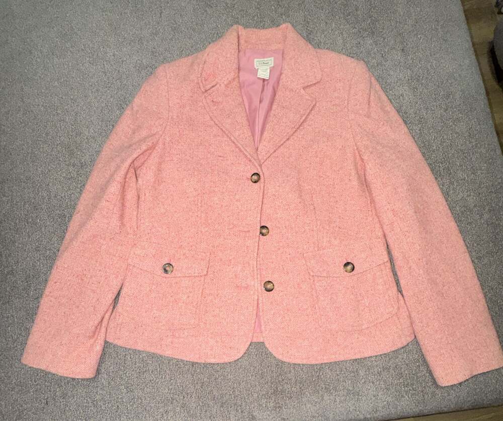 L.L. Bean Pink Wool Blend Herringbone Blazer Jacket Size M